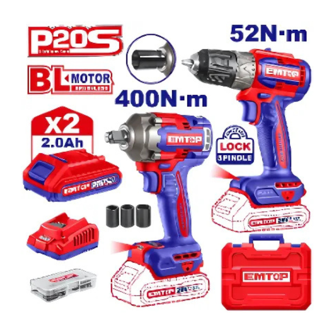 SET LLAVE DE IMPACTO 20V 400NM + ATORNILLADOR 20V 52NM CON 2 BATERIAS Y CARGADOR EMTOP
