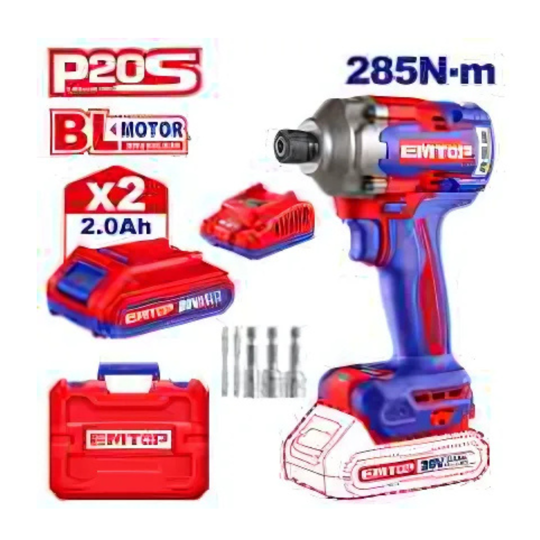 ATORNILLADOR DE IMPACTO A BATERIA 20V P20S SIN CARBONES 285NM CON 2 BATERIAS Y CARGADOR EMTOP