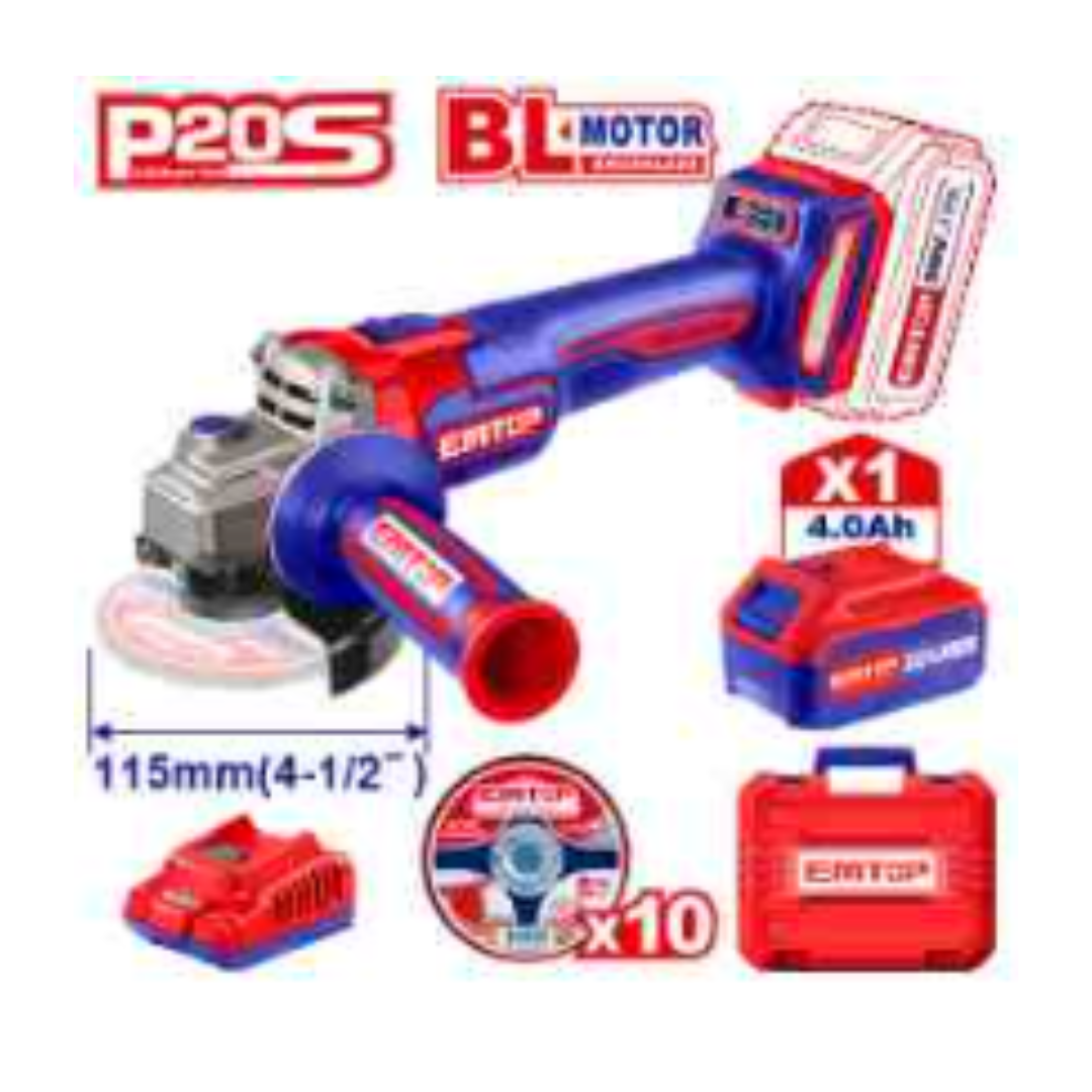 AMOLADORA A BATERIA 20V SIN CARBONES 4 1/2 115MM CON 1 BATERIA Y CARGADOR EN MALETIN EMTOP